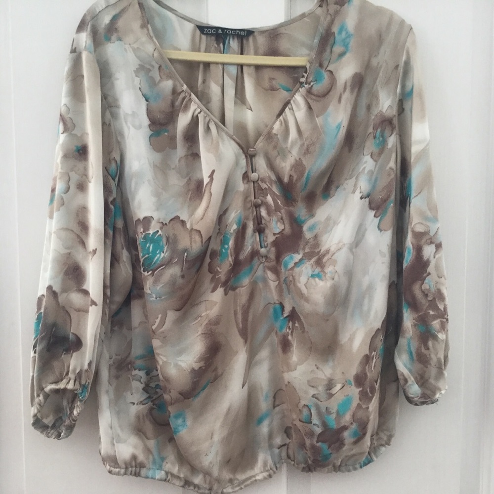 Floral satin blouse. Soft pastel creams and teal